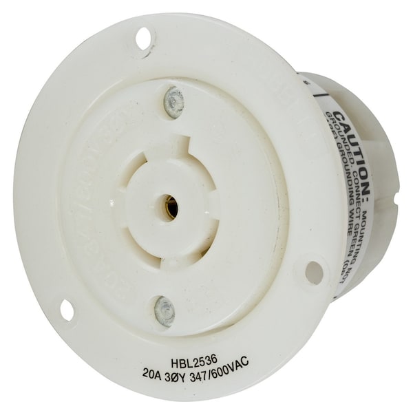 Flanged Locking Receptacle, L23-20R, 20 A, 347/600V AC, Three Phase, 4 Pole, Screw Terminals, White